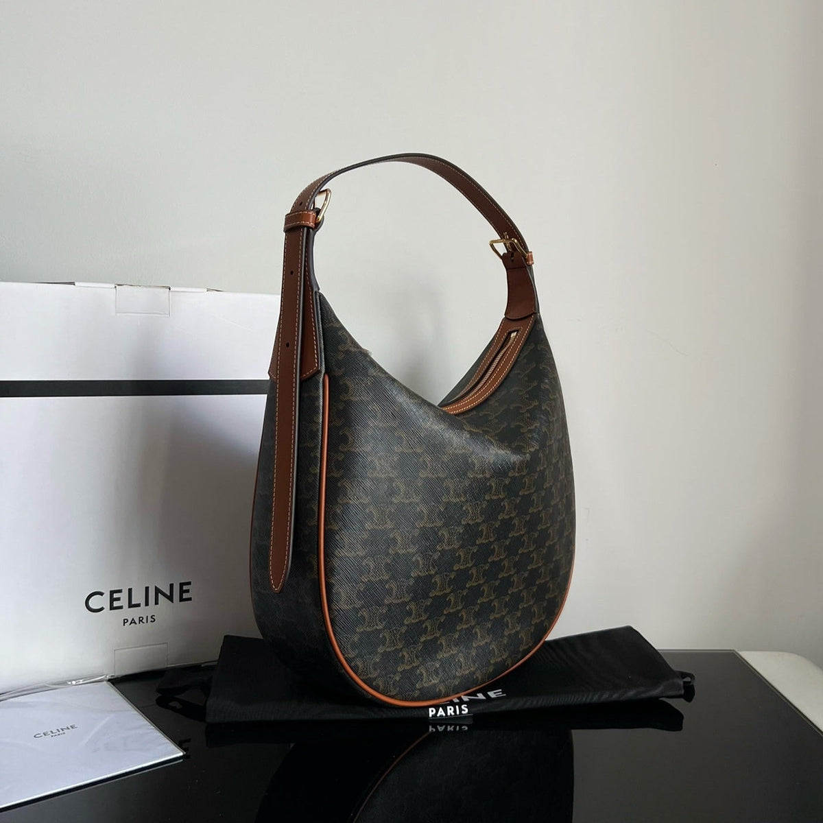 Celine Triomphe 31 Black Pattern Calfskin Bag