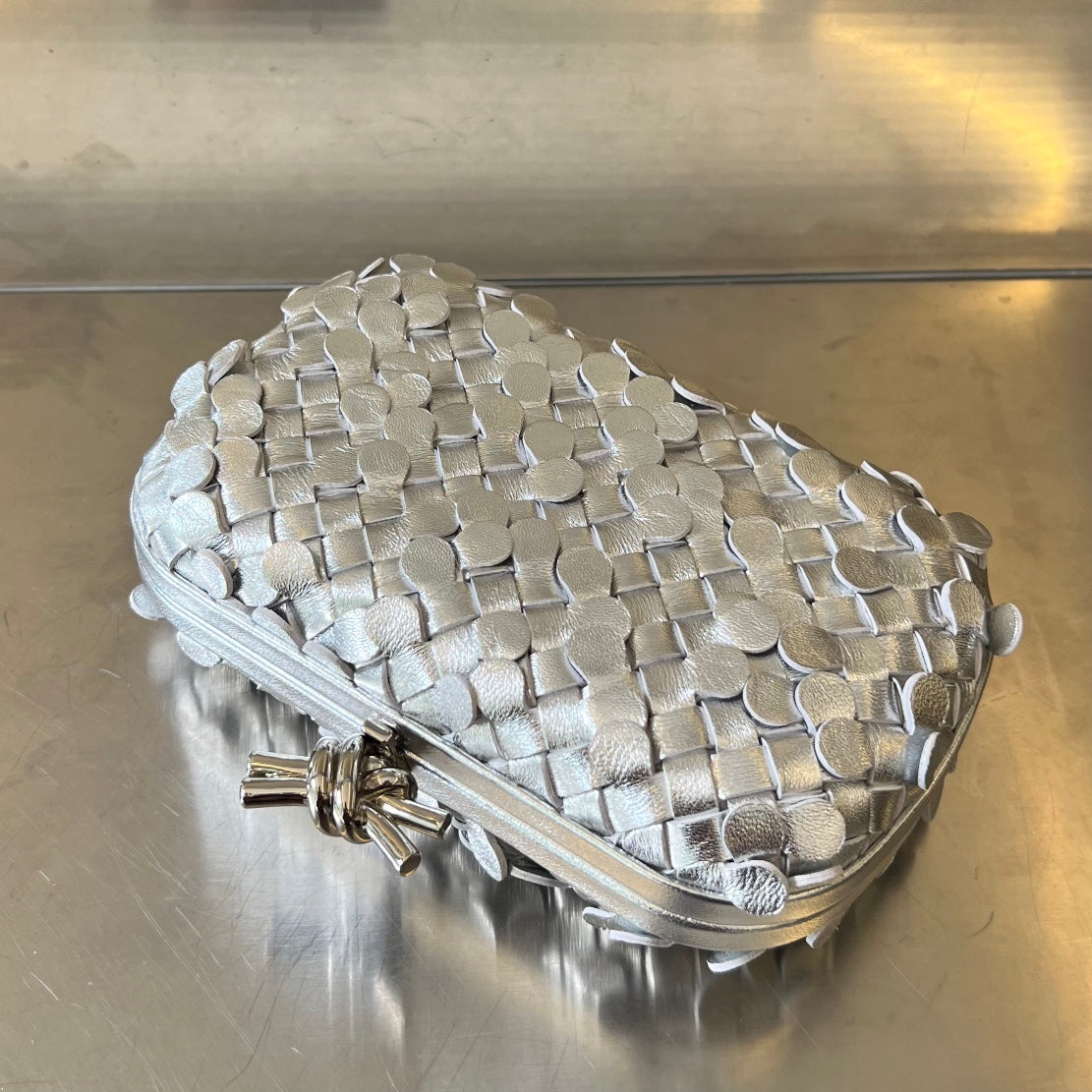 Bottega Veneta Silver Knot 19 in Silver Lambskin Bag