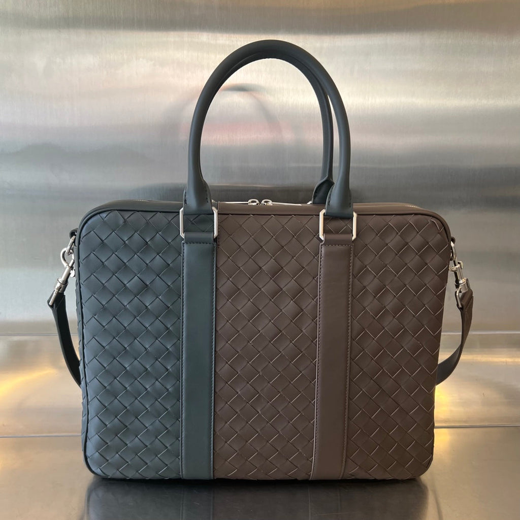 Bottega Veneta Large Intrecciato 40 Briefcase in Light Brown Mix Dark Green Calfskin Bag