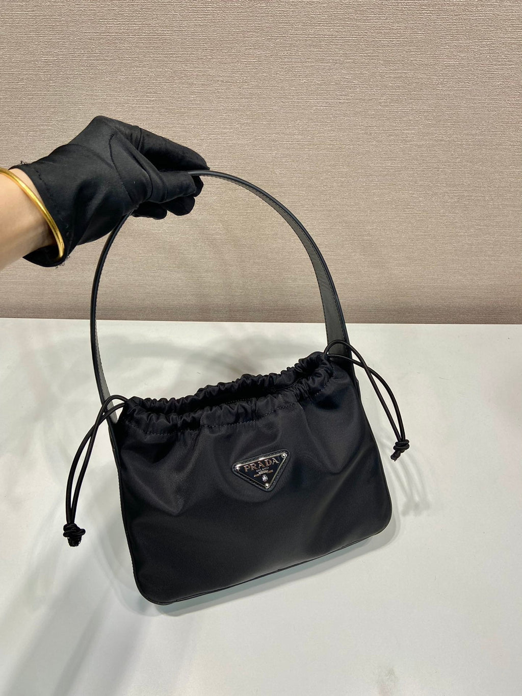 Prada Small Drawstring Bag 23 in Black Re-Nylon