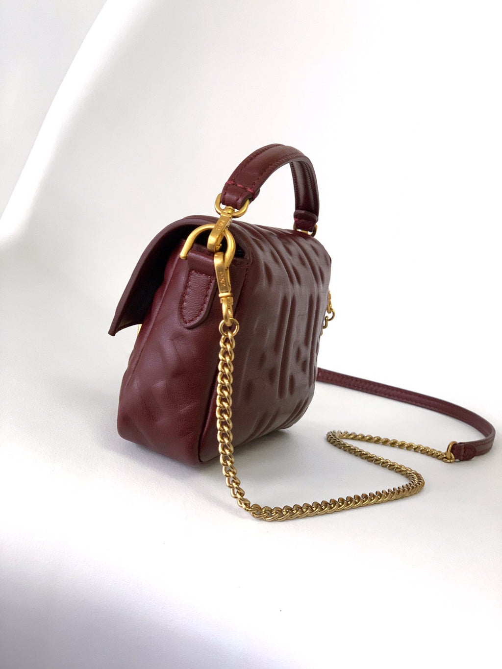 Mini Baguette Bag 20 with Ff Motif Burgundy Leather Ghw