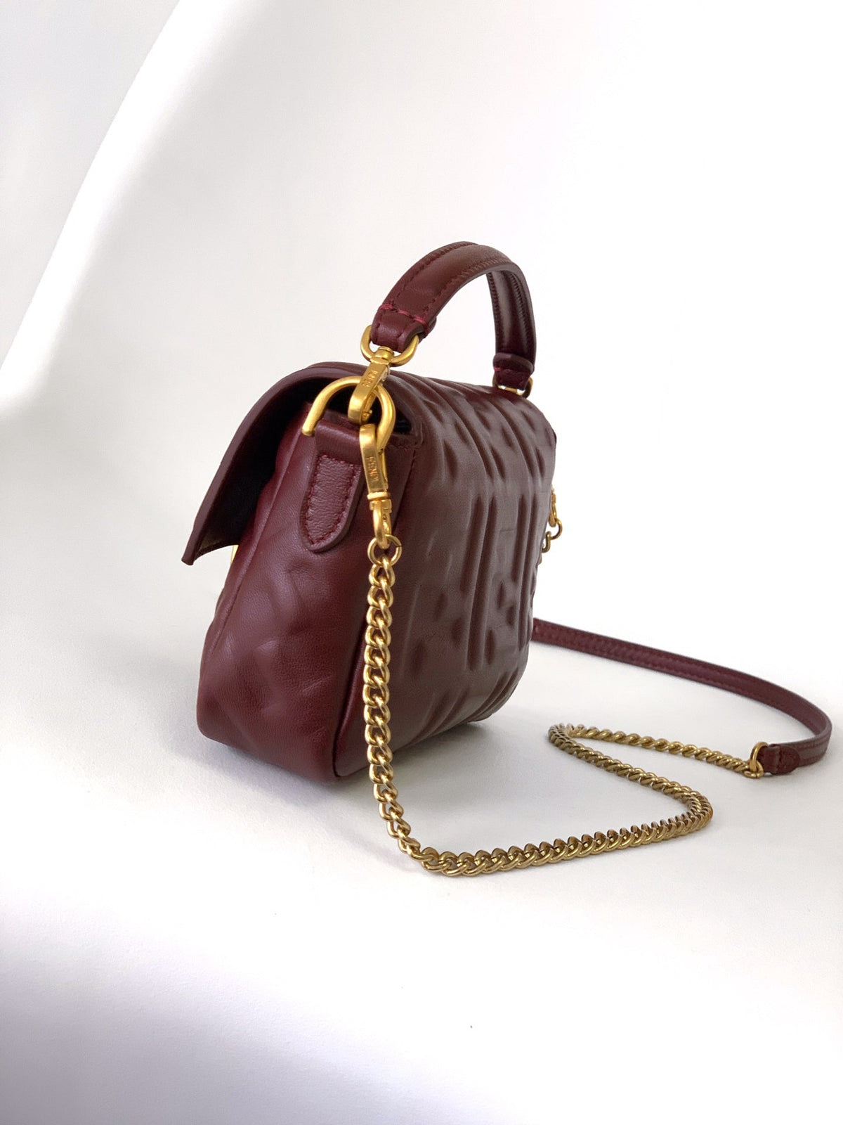 Mini Baguette Bag 20 with Ff Motif Burgundy Leather Ghw