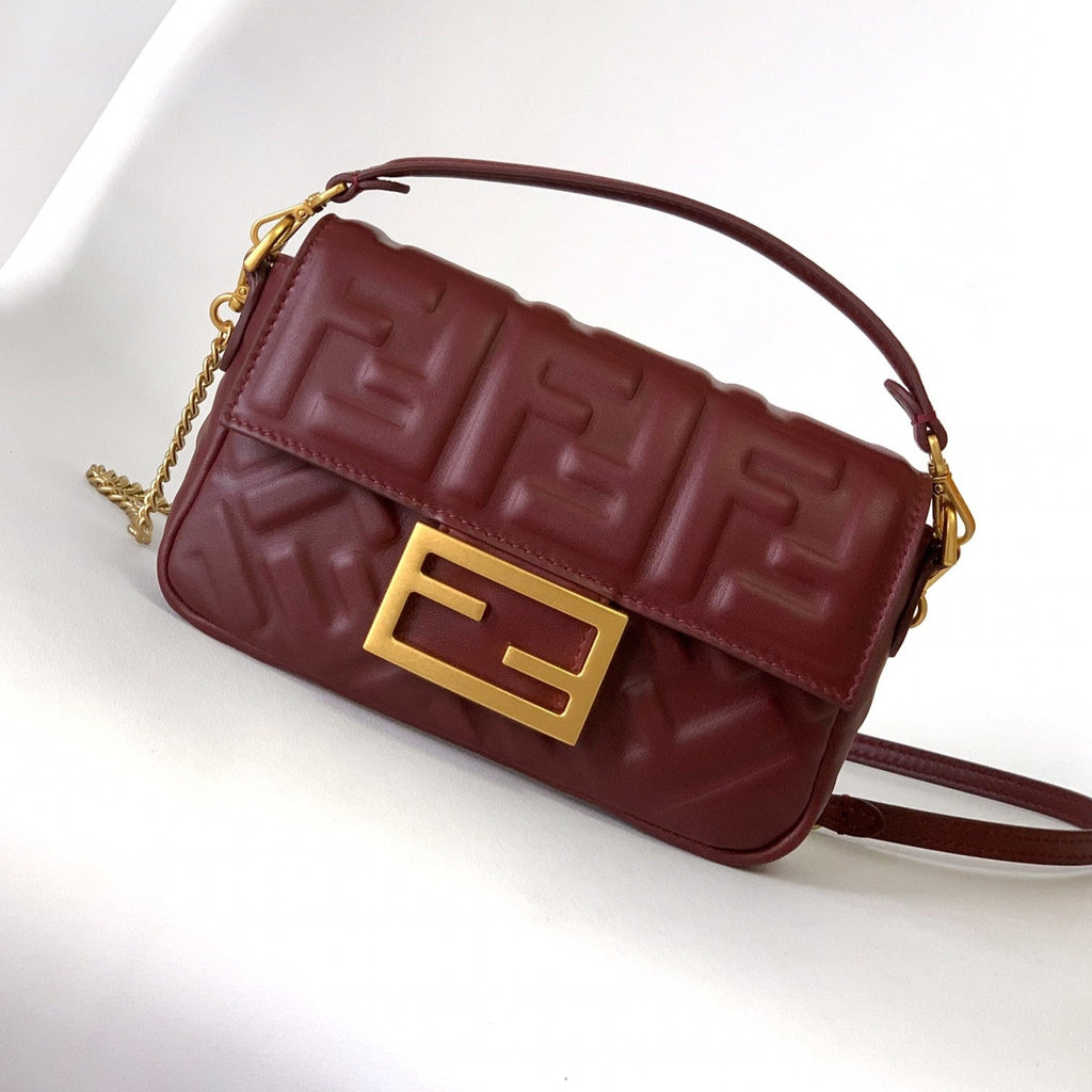 Mini Baguette Bag 20 with Ff Motif Burgundy Leather Ghw