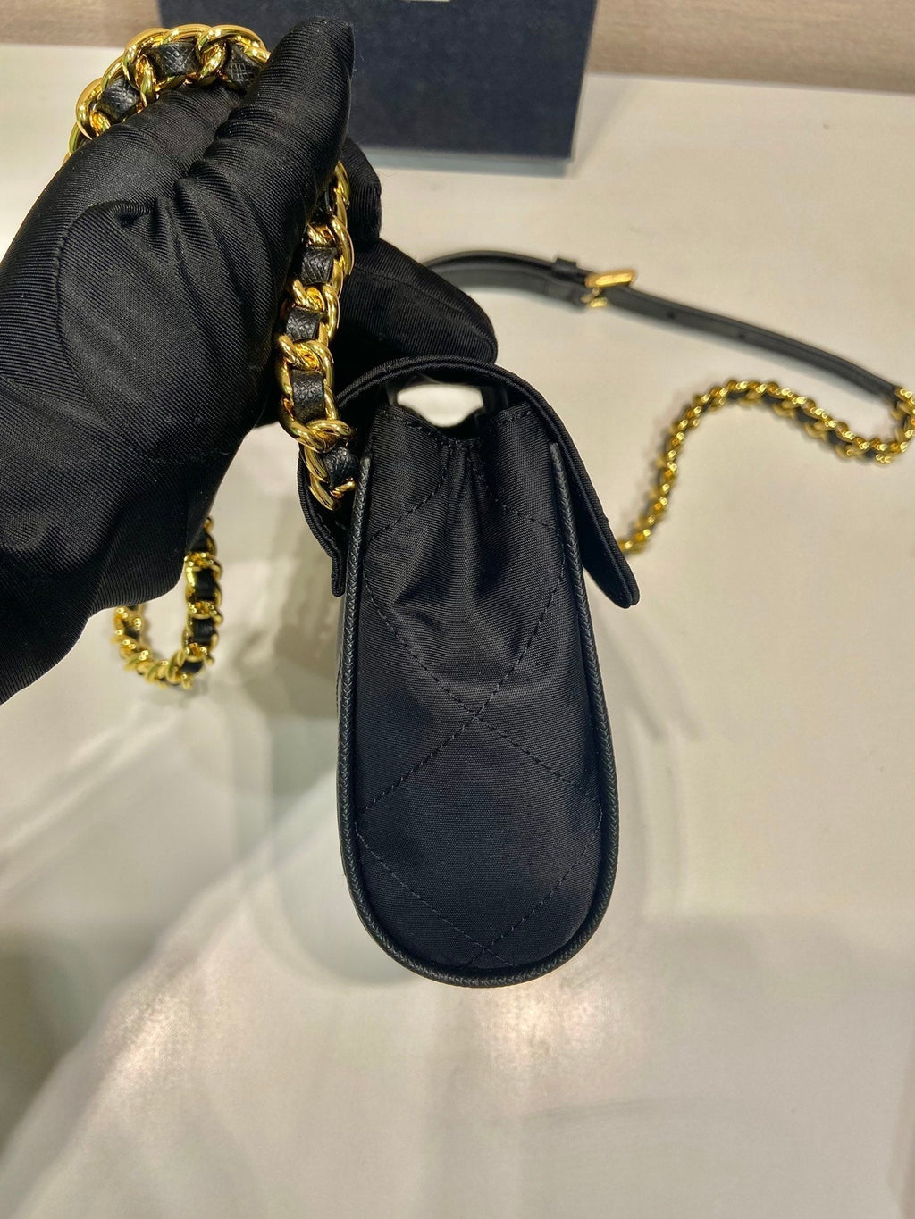 Prada Mini Quilted Flap Bag 14 in Black Re-Nylon Fabric Gold Chain