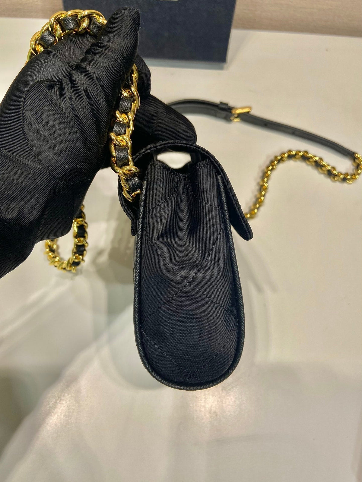 Prada Mini Quilted Flap Bag 14 in Black Re-Nylon Fabric Gold Chain