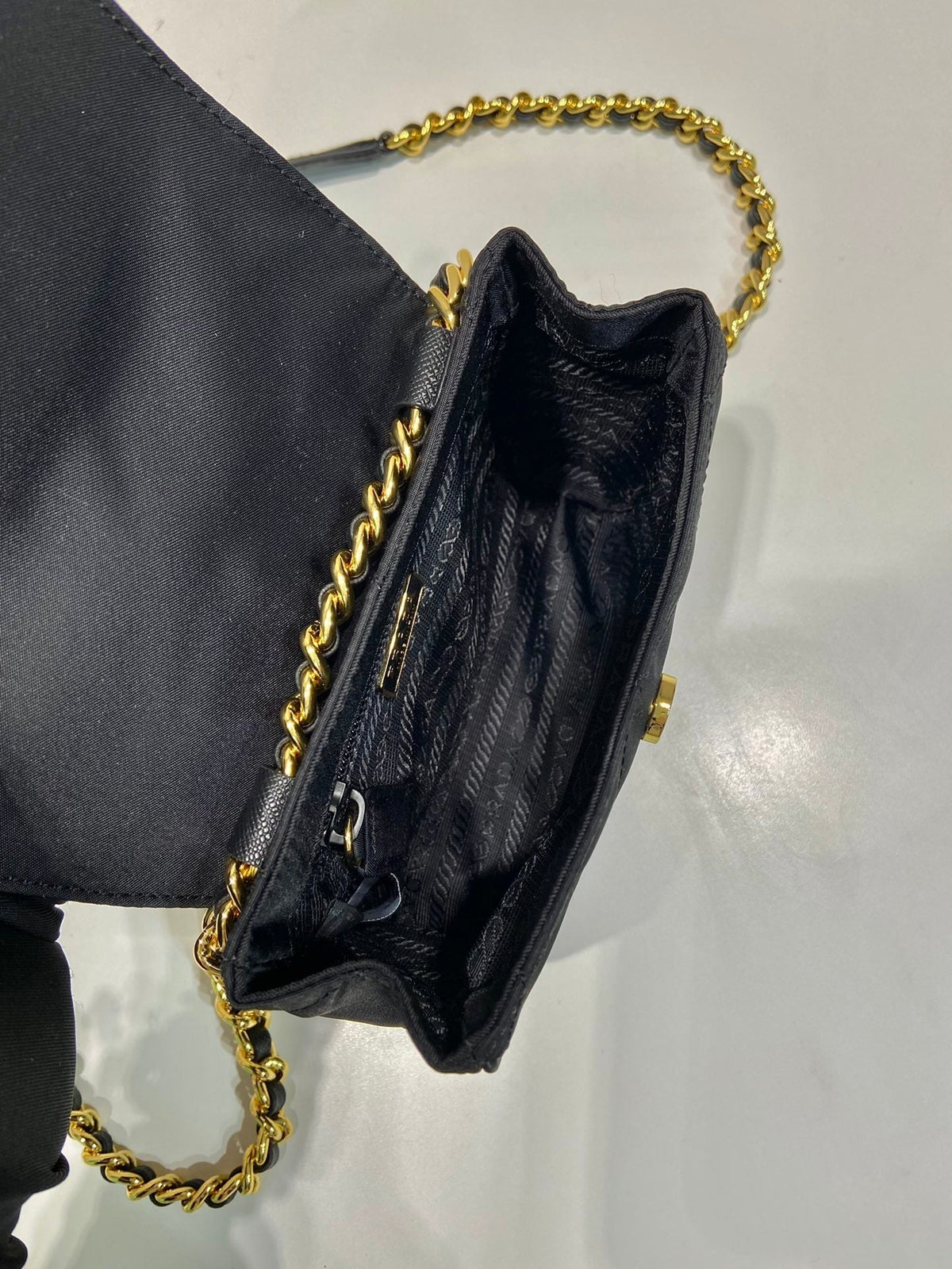 Prada Mini Quilted Flap Bag 14 in Black Re-Nylon Fabric Gold Chain
