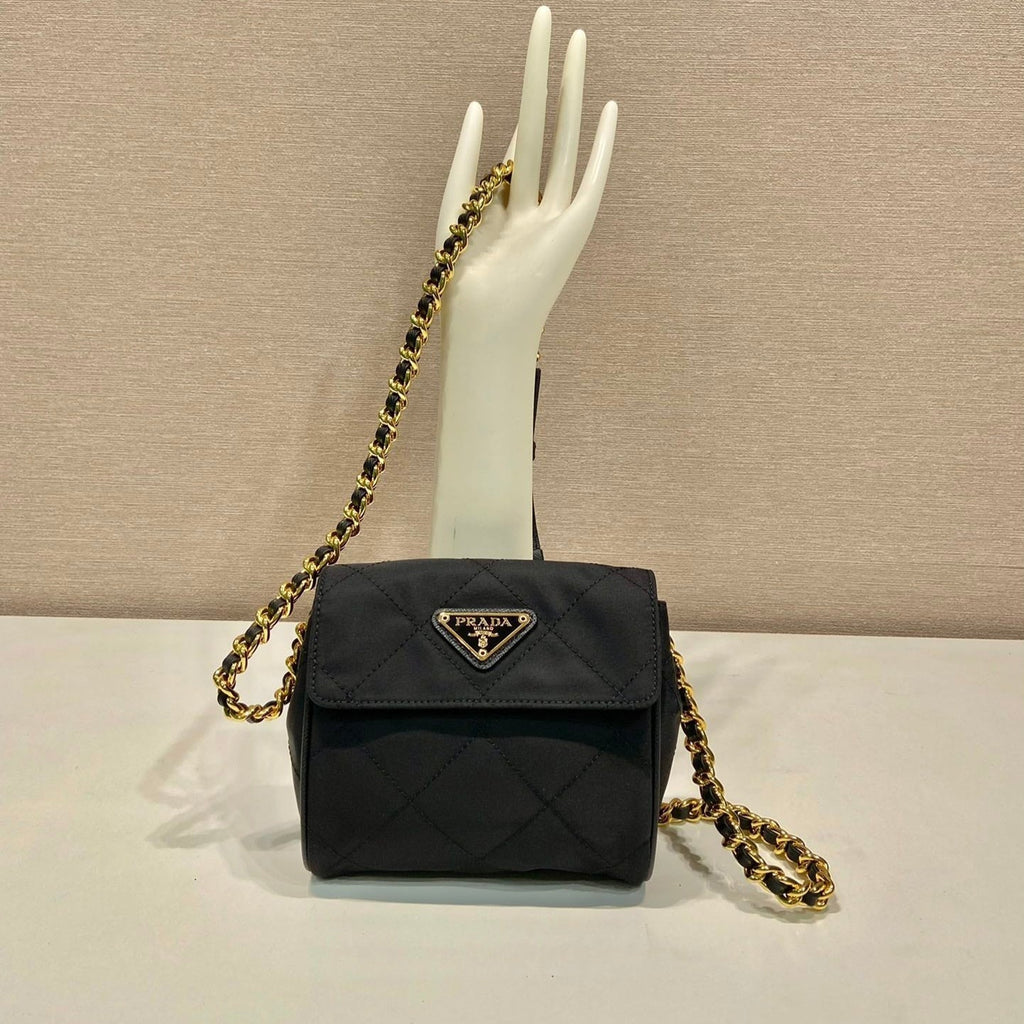 Prada Mini Quilted Flap Bag 14 in Black Re-Nylon Fabric Gold Chain