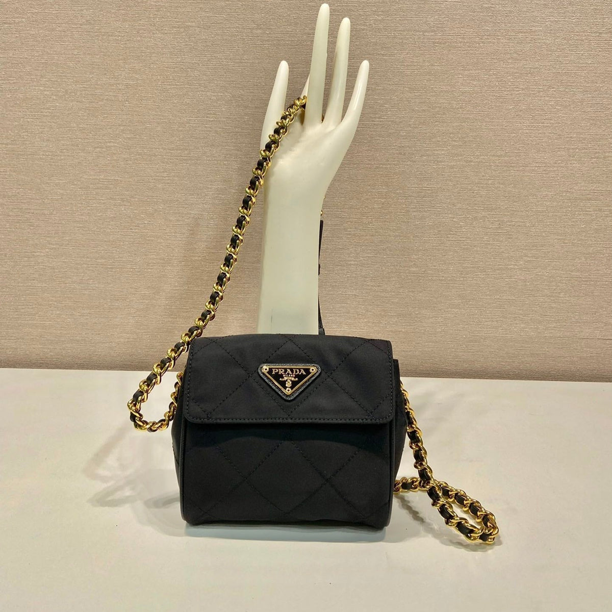 Prada Mini Quilted Flap Bag 14 in Black Re-Nylon Fabric Gold Chain