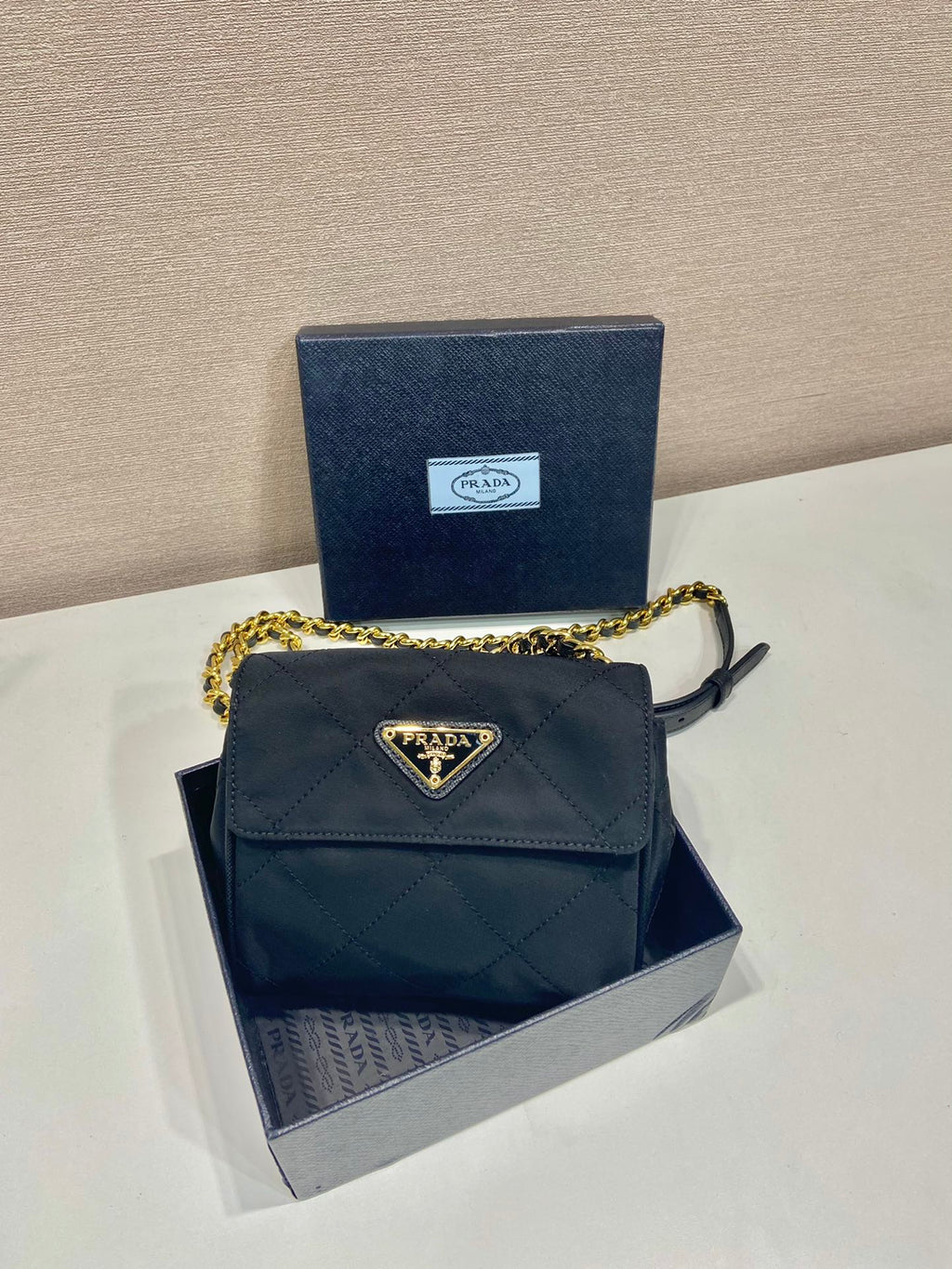 Prada Mini Quilted Flap Bag 14 in Black Re-Nylon Fabric Gold Chain