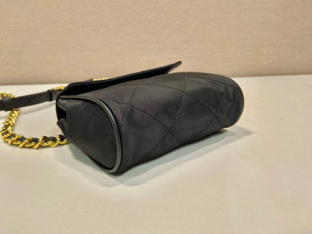 Prada Mini Quilted Flap Bag 14 in Black Re-Nylon Fabric Gold Chain