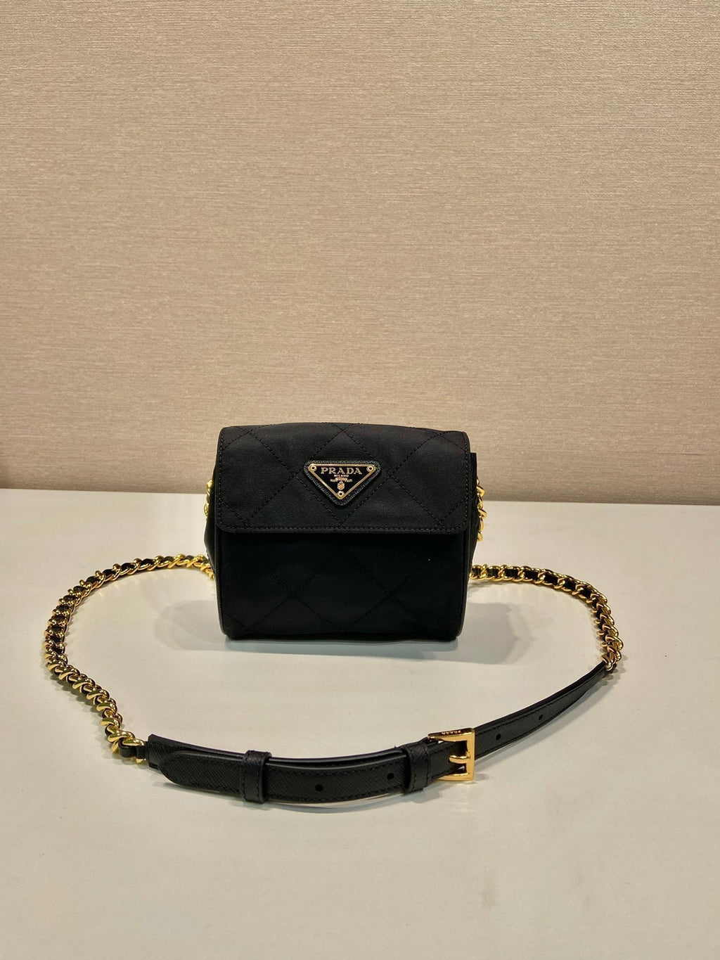 Prada Mini Quilted Flap Bag 14 in Black Re-Nylon Fabric Gold Chain