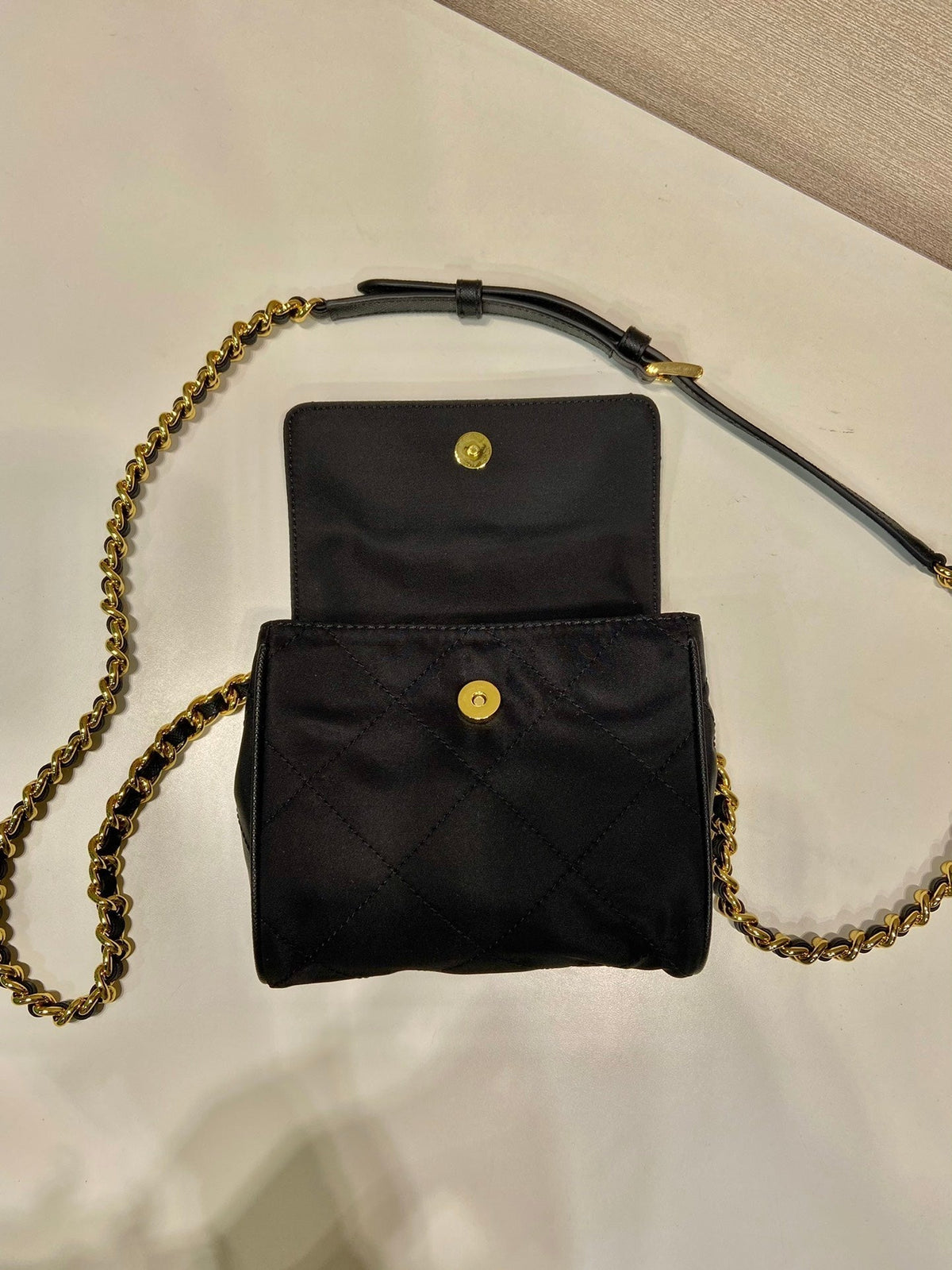 Prada Mini Quilted Flap Bag 14 in Black Re-Nylon Fabric Gold Chain