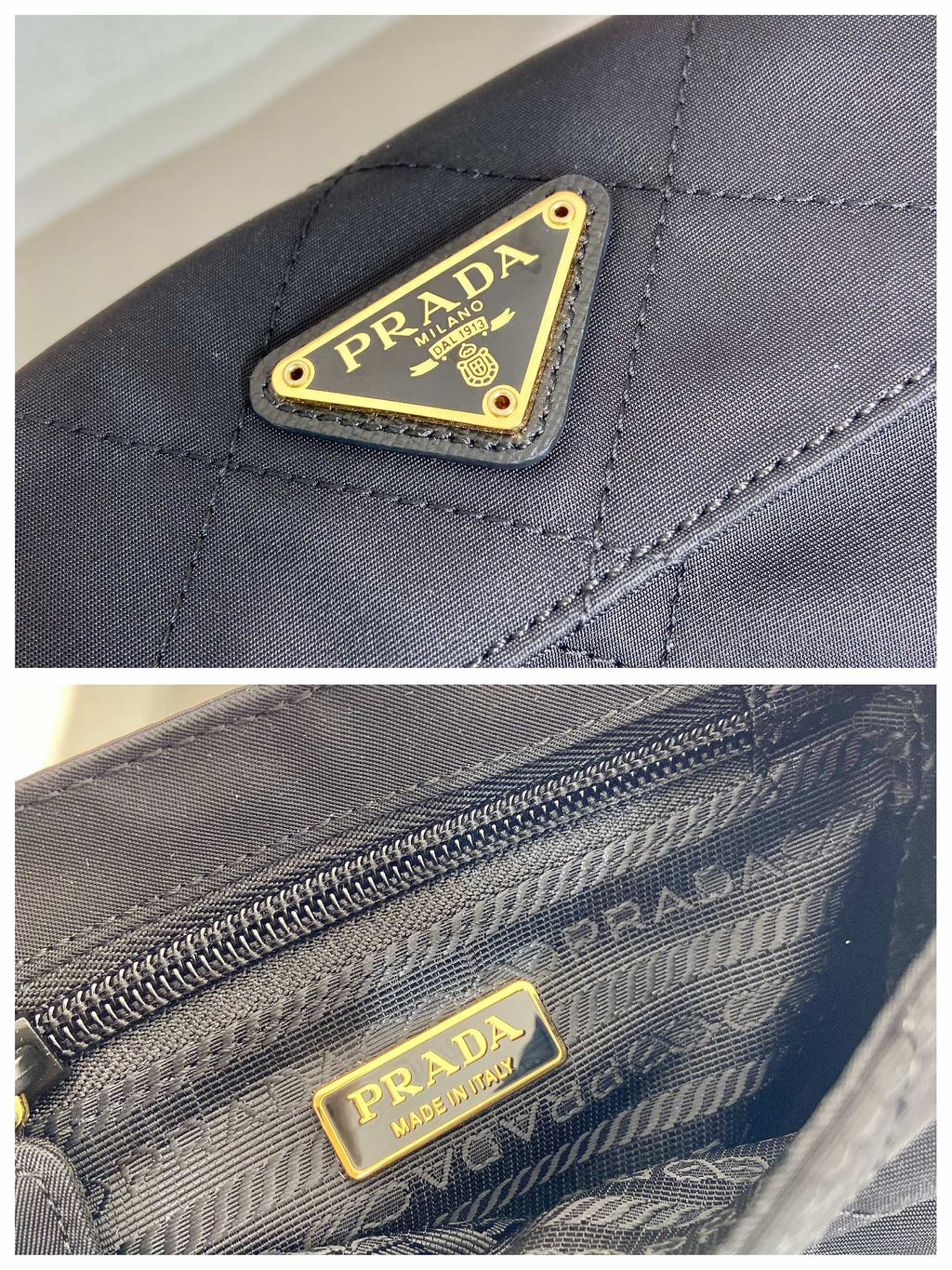 Prada Mini Quilted Flap Bag 14 in Black Re-Nylon Fabric Gold Chain