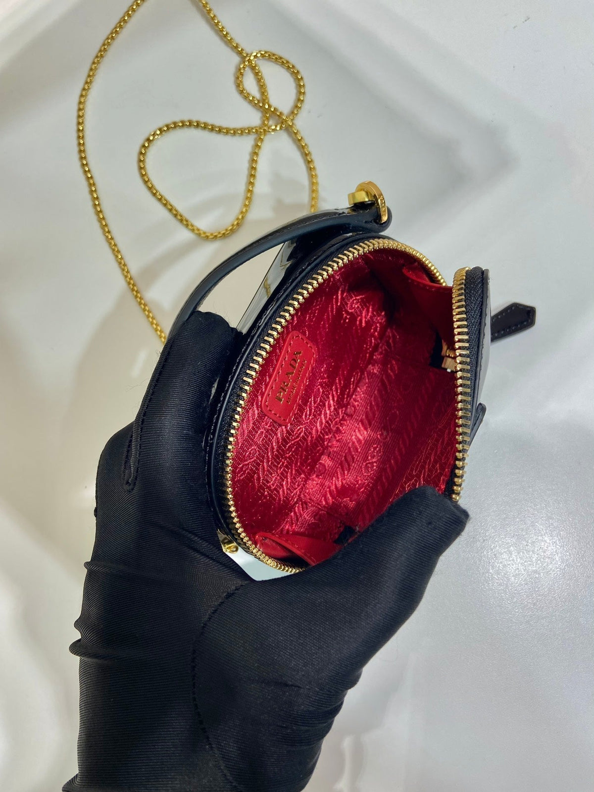 Prada Mini Hand Bag 11 with Gold Strap in Black Patent Calfskin