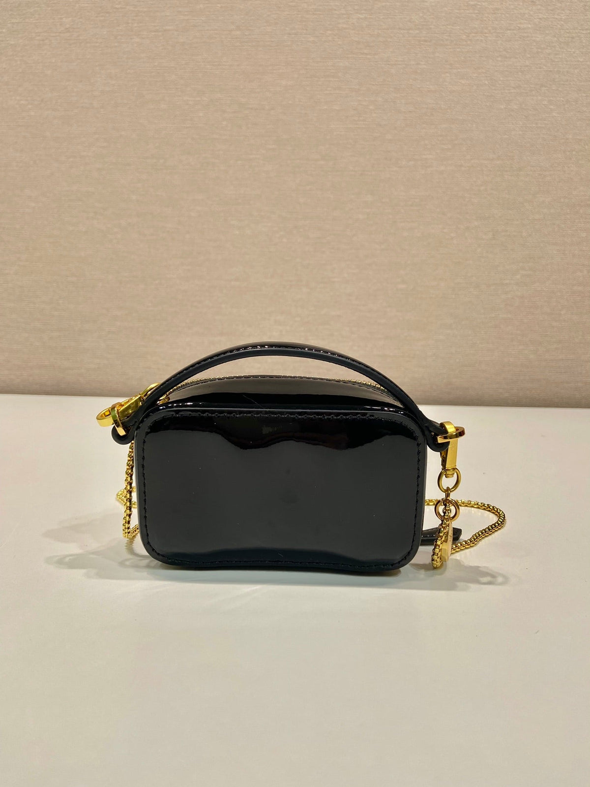Prada Mini Hand Bag 11 with Gold Strap in Black Patent Calfskin
