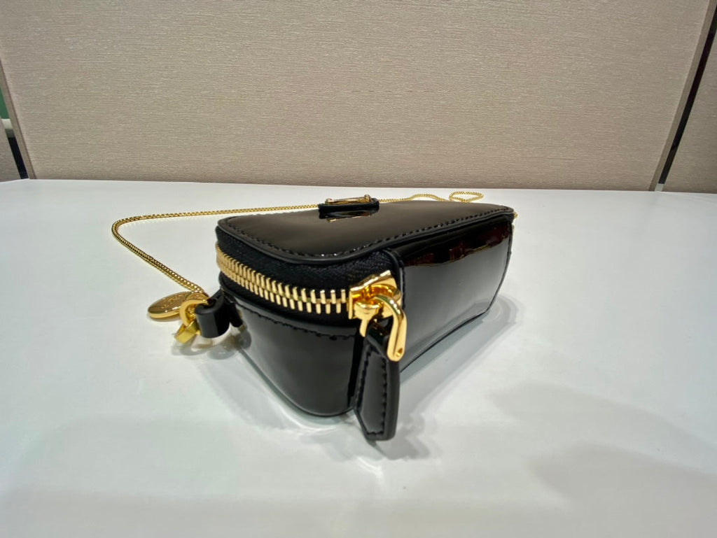 Prada Mini Hand Bag 11 with Gold Strap in Black Patent Calfskin