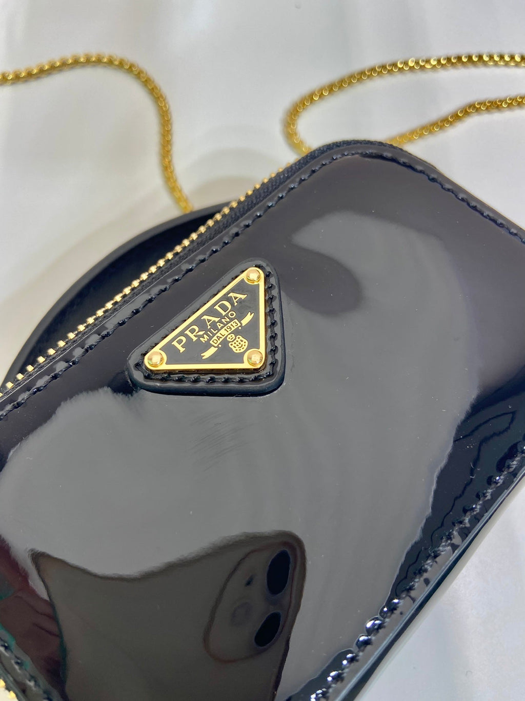 Prada Mini Hand Bag 11 with Gold Strap in Black Patent Calfskin