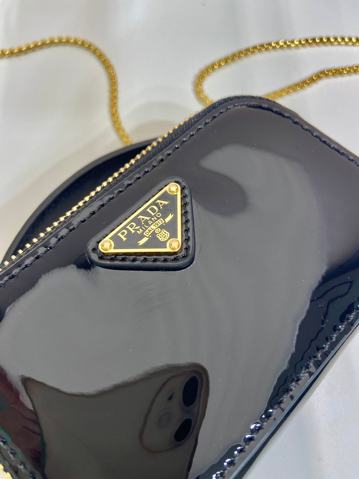 Prada Mini Hand Bag 11 with Gold Strap in Black Patent Calfskin