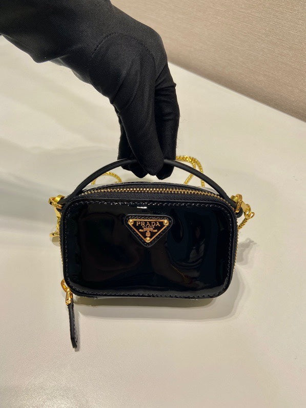 Prada Mini Hand Bag 11 with Gold Strap in Black Patent Calfskin