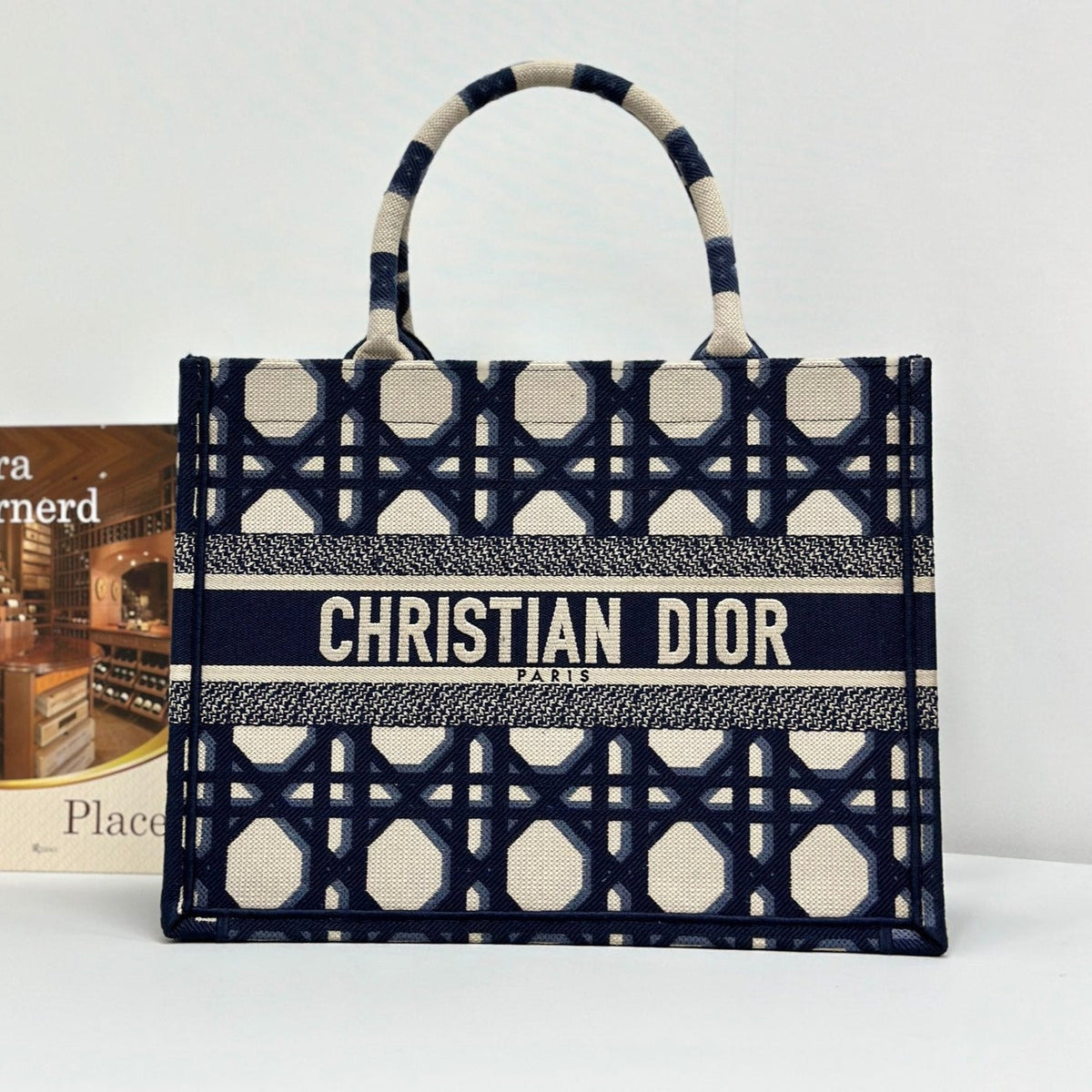 Dior Medium Book Tote 37 Beige and Blue Macrocannage Embroidery