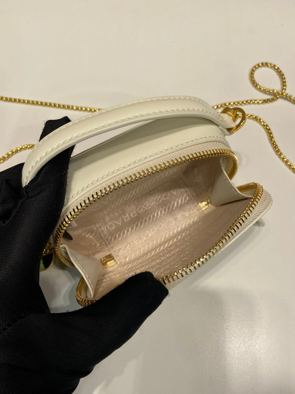 Prada Mini Hand Bag 11 with Gold Strap in White Patent Calfskin