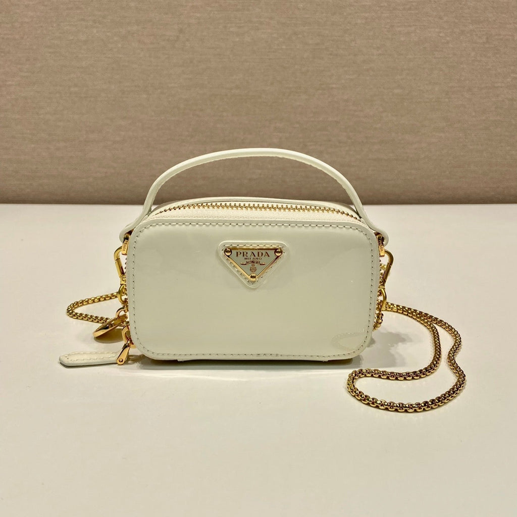Prada Mini Hand Bag 11 with Gold Strap in White Patent Calfskin
