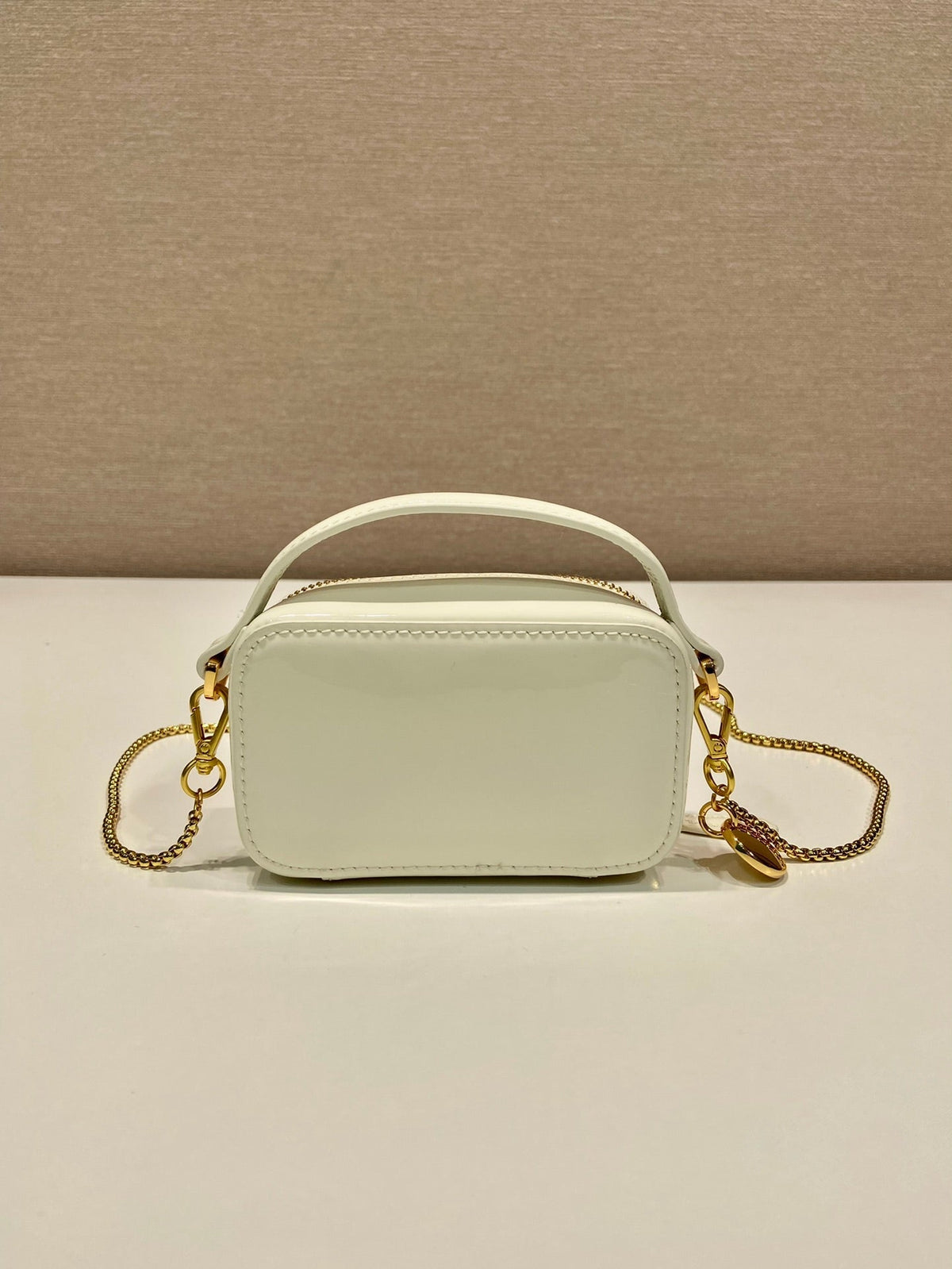 Prada Mini Hand Bag 11 with Gold Strap in White Patent Calfskin