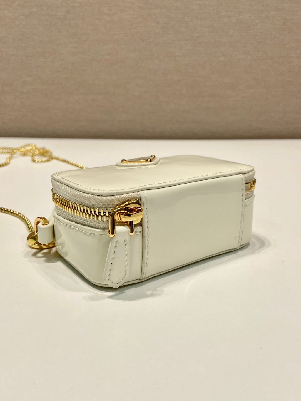 Prada Mini Hand Bag 11 with Gold Strap in White Patent Calfskin