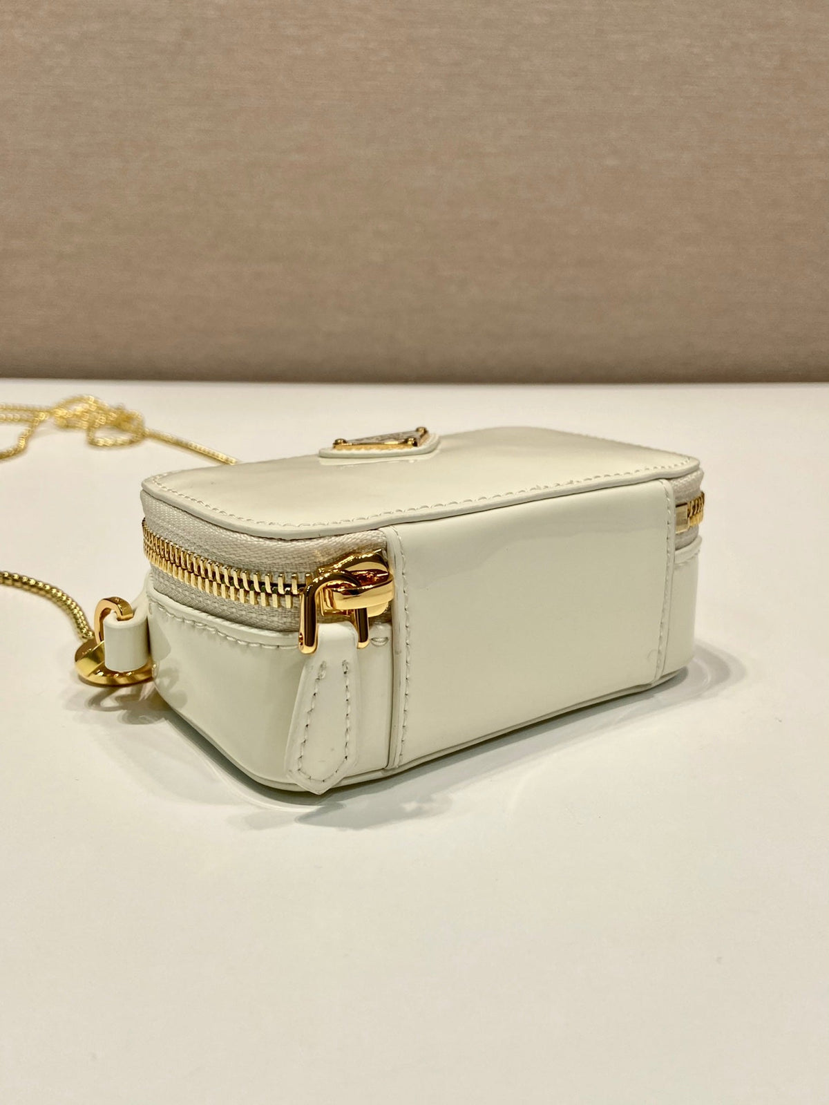 Prada Mini Hand Bag 11 with Gold Strap in White Patent Calfskin