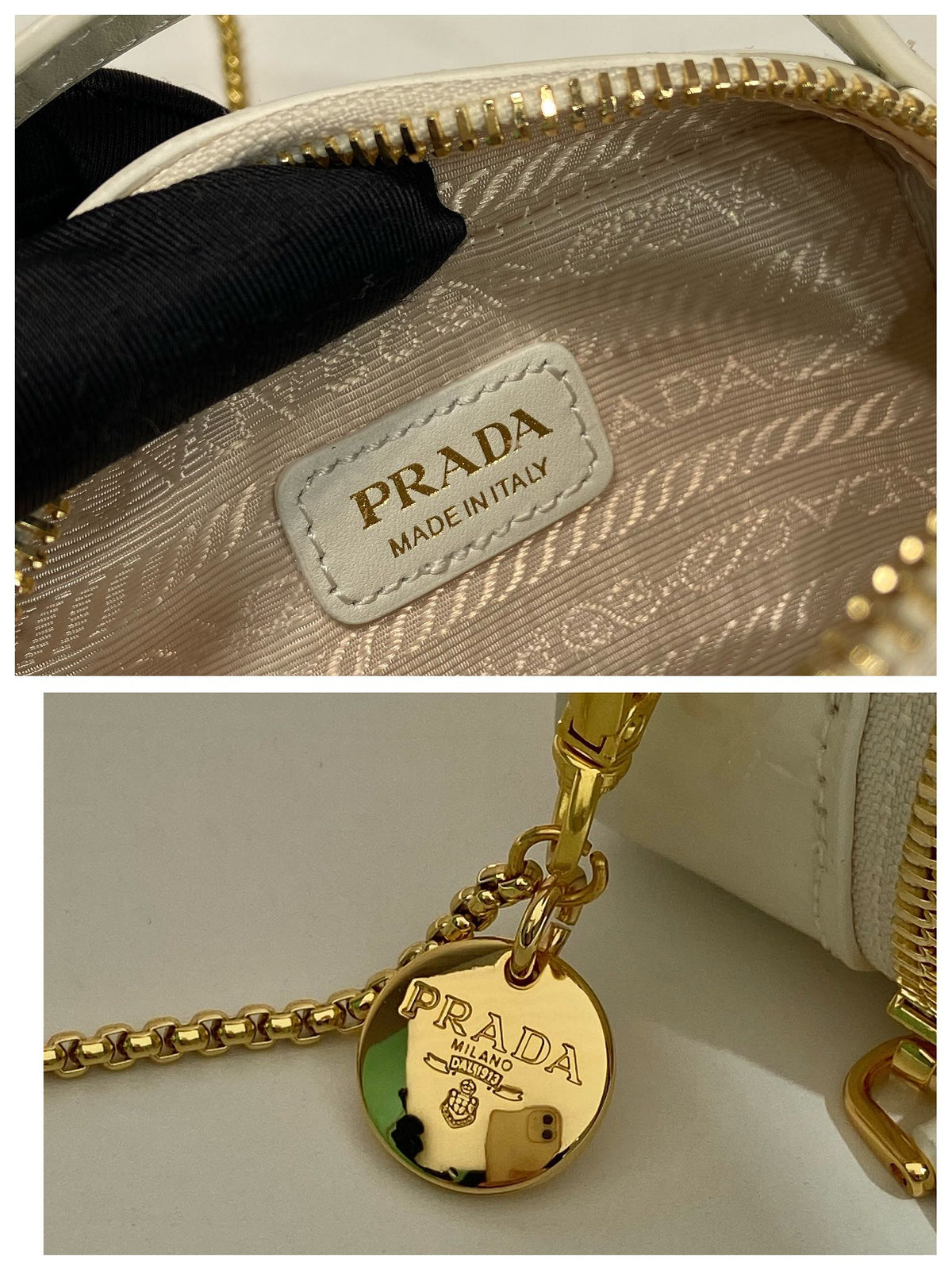 Prada Mini Hand Bag 11 with Gold Strap in White Patent Calfskin