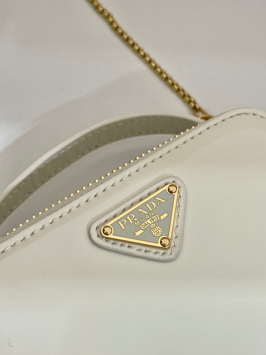 Prada Mini Hand Bag 11 with Gold Strap in White Patent Calfskin