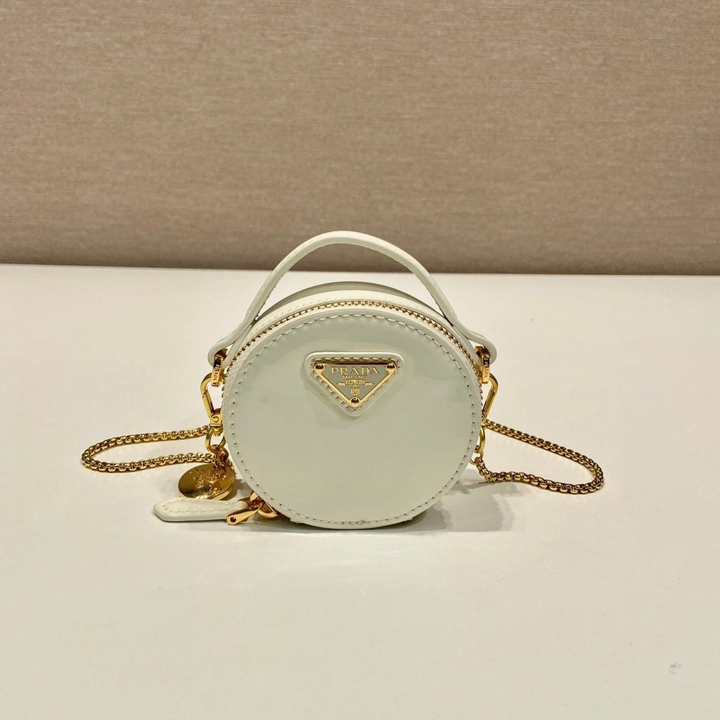 Prada Mini Round Bag 8 in White Glossy Calfskin Gold Hardware