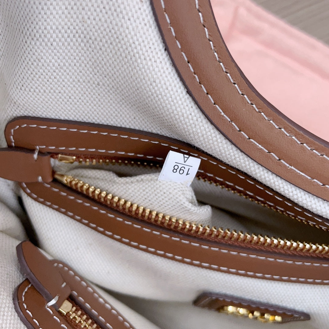 Small Tote Bag 22 in White Canvas and Brown Calfskin Trim