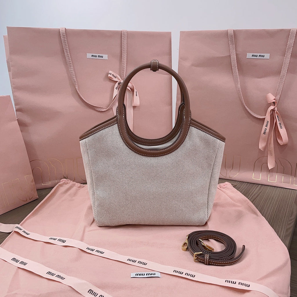 Small Tote Bag 22 in White Canvas and Brown Calfskin Trim