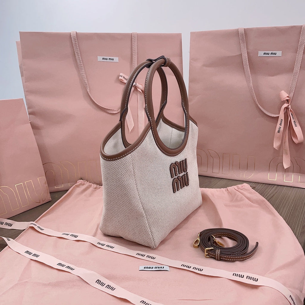 Small Tote Bag 22 in White Canvas and Brown Calfskin Trim