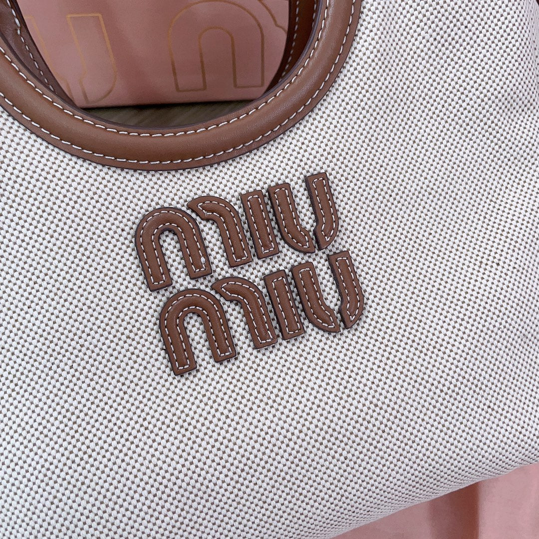 Small Tote Bag 22 in White Canvas and Brown Calfskin Trim