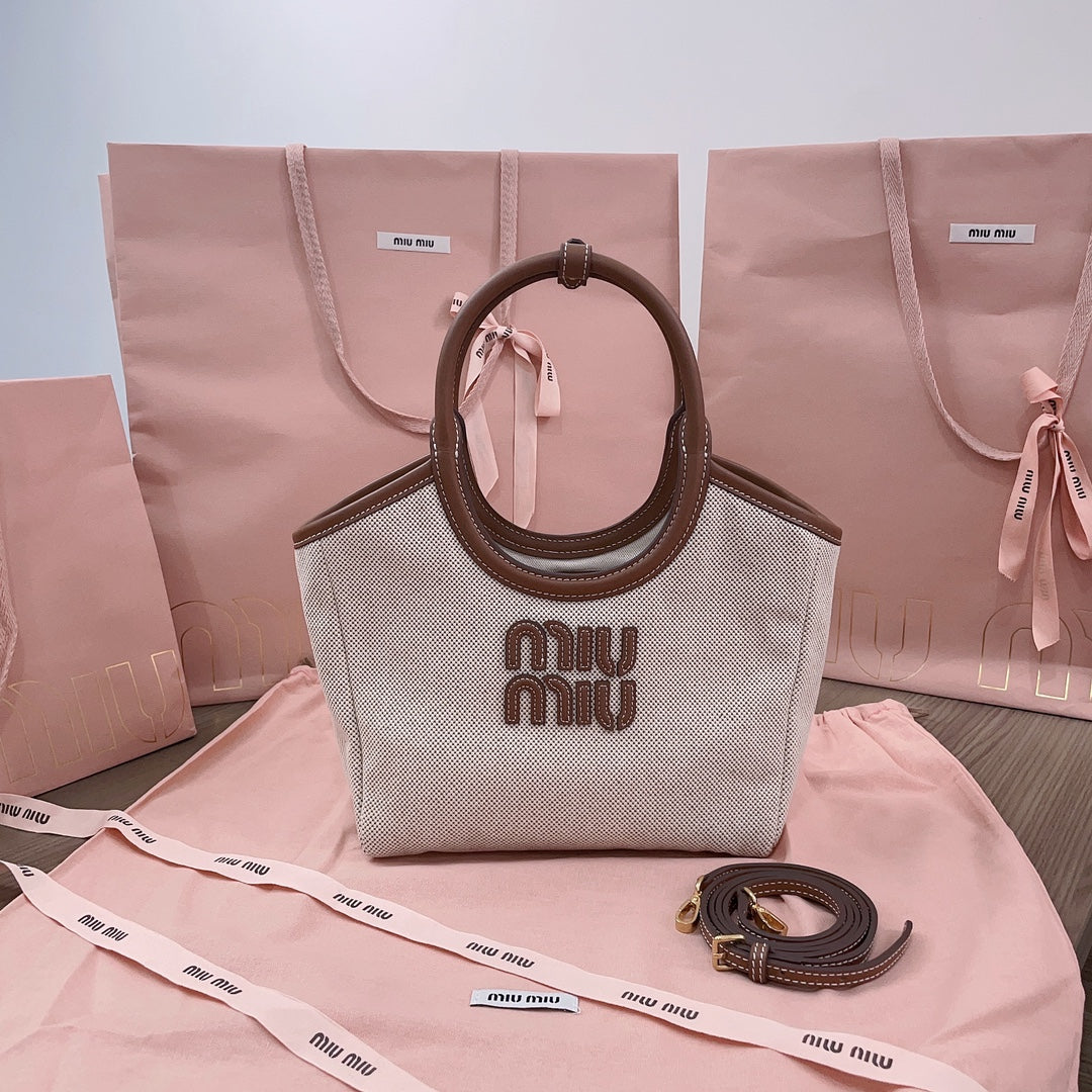 Small Tote Bag 22 in White Canvas and Brown Calfskin Trim