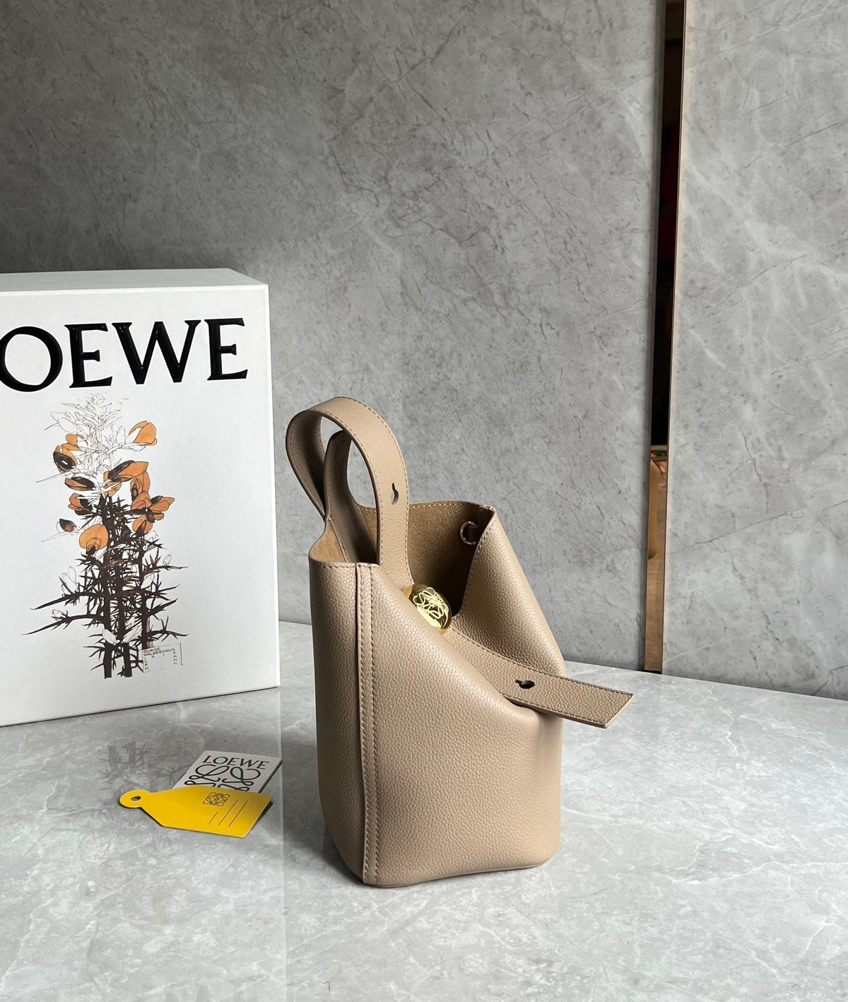 Loewe Mini 19 Pebble Bucket in Camel Brown Mellow Calfskin