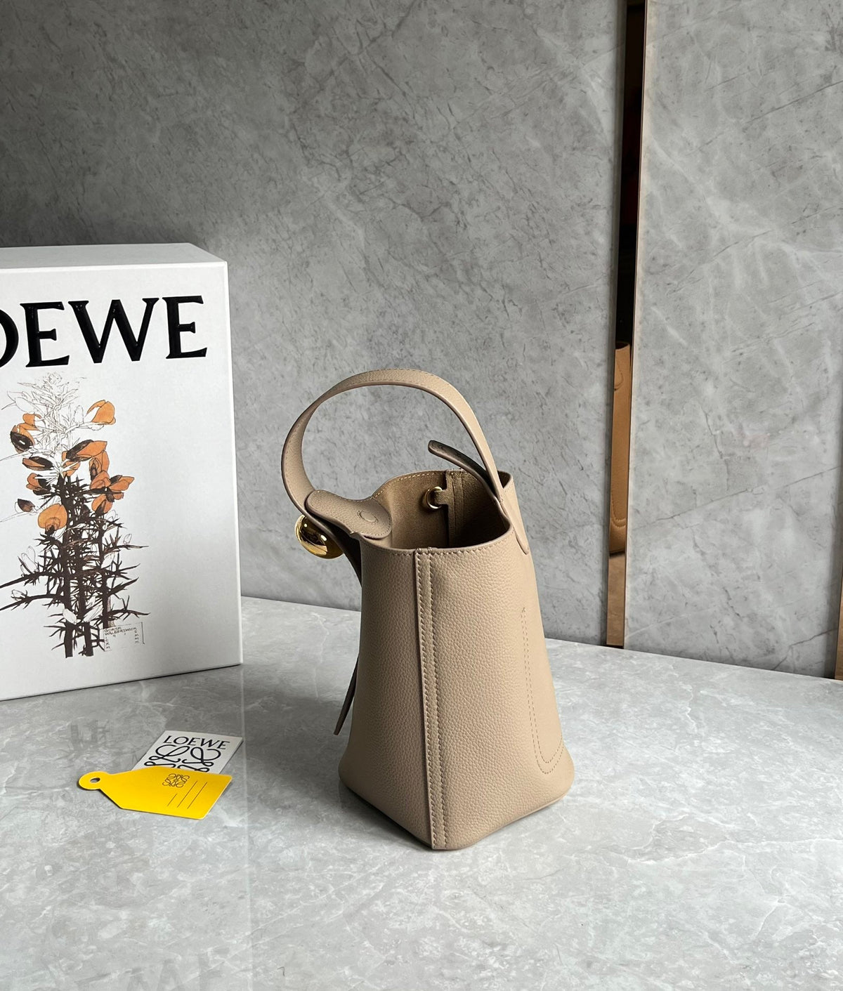 Loewe Mini 19 Pebble Bucket in Camel Brown Mellow Calfskin