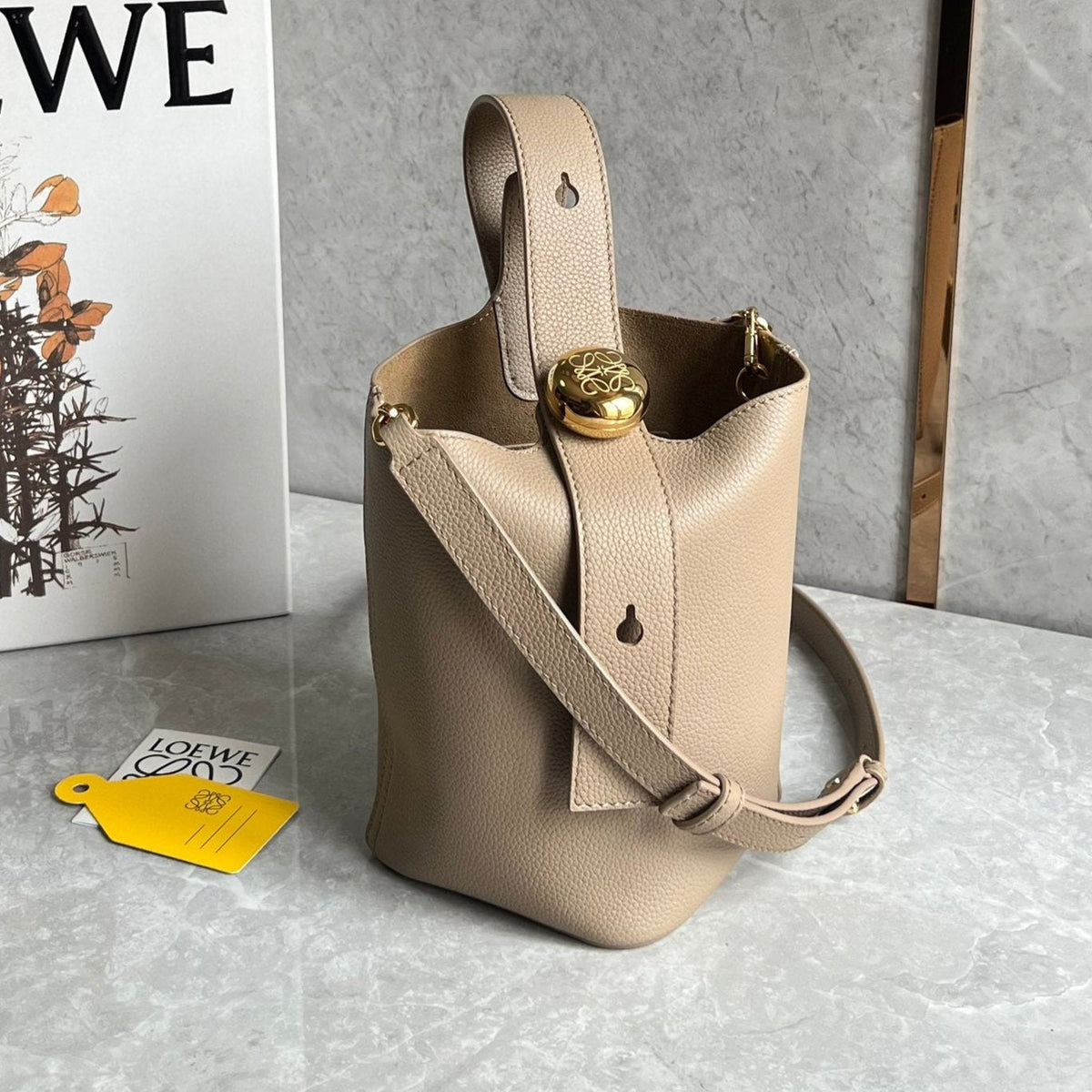 Loewe Mini 19 Pebble Bucket in Camel Brown Mellow Calfskin