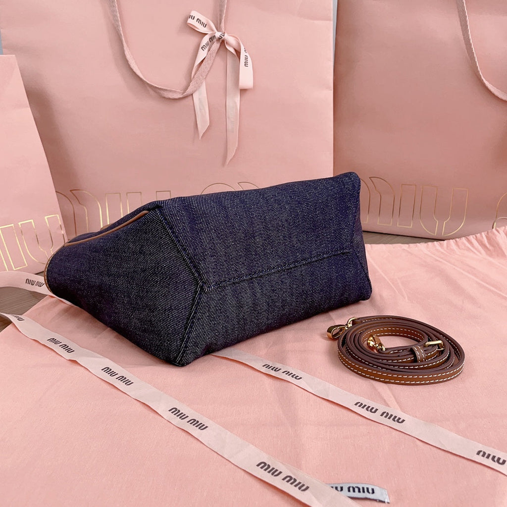 Small Tote Bag 22 in Navy Denim and Brown Leather Trim