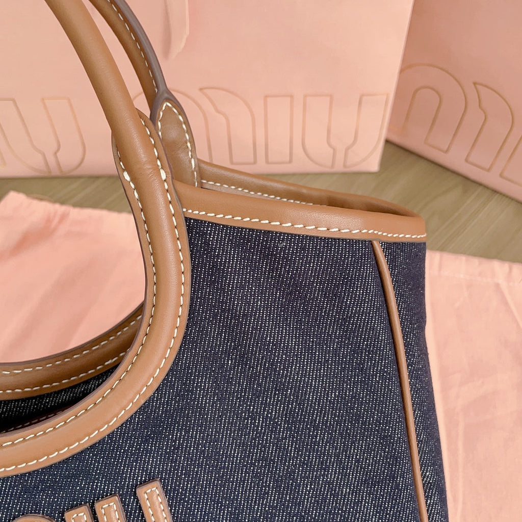 Small Tote Bag 22 in Navy Denim and Brown Leather Trim