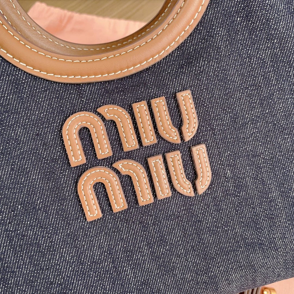 Small Tote Bag 22 in Navy Denim and Brown Leather Trim