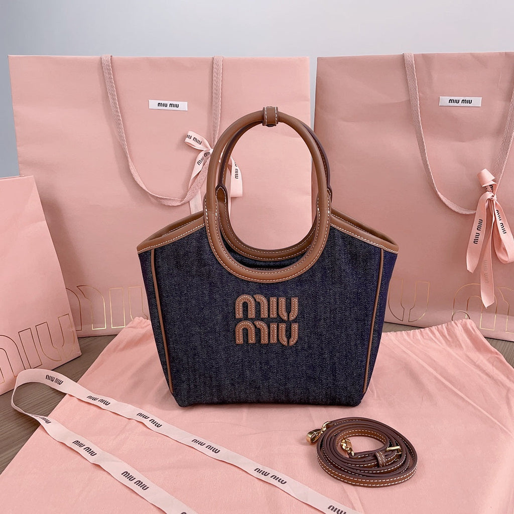 Small Tote Bag 22 in Navy Denim and Brown Leather Trim
