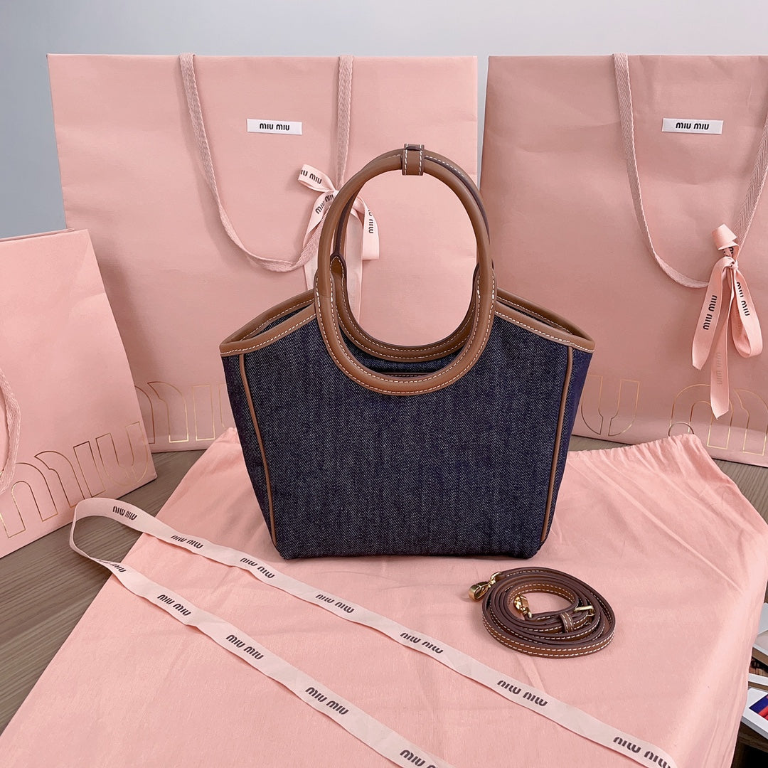 Small Tote Bag 22 in Navy Denim and Brown Leather Trim