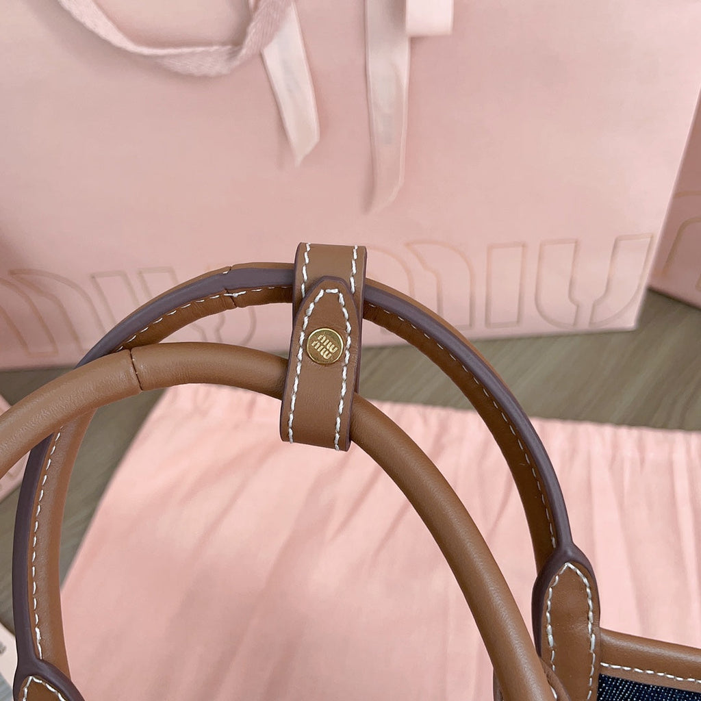 Small Tote Bag 22 in Navy Denim and Brown Leather Trim