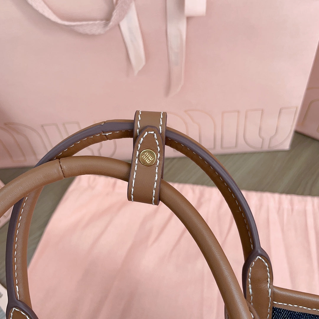 Small Tote Bag 22 in Navy Denim and Brown Leather Trim