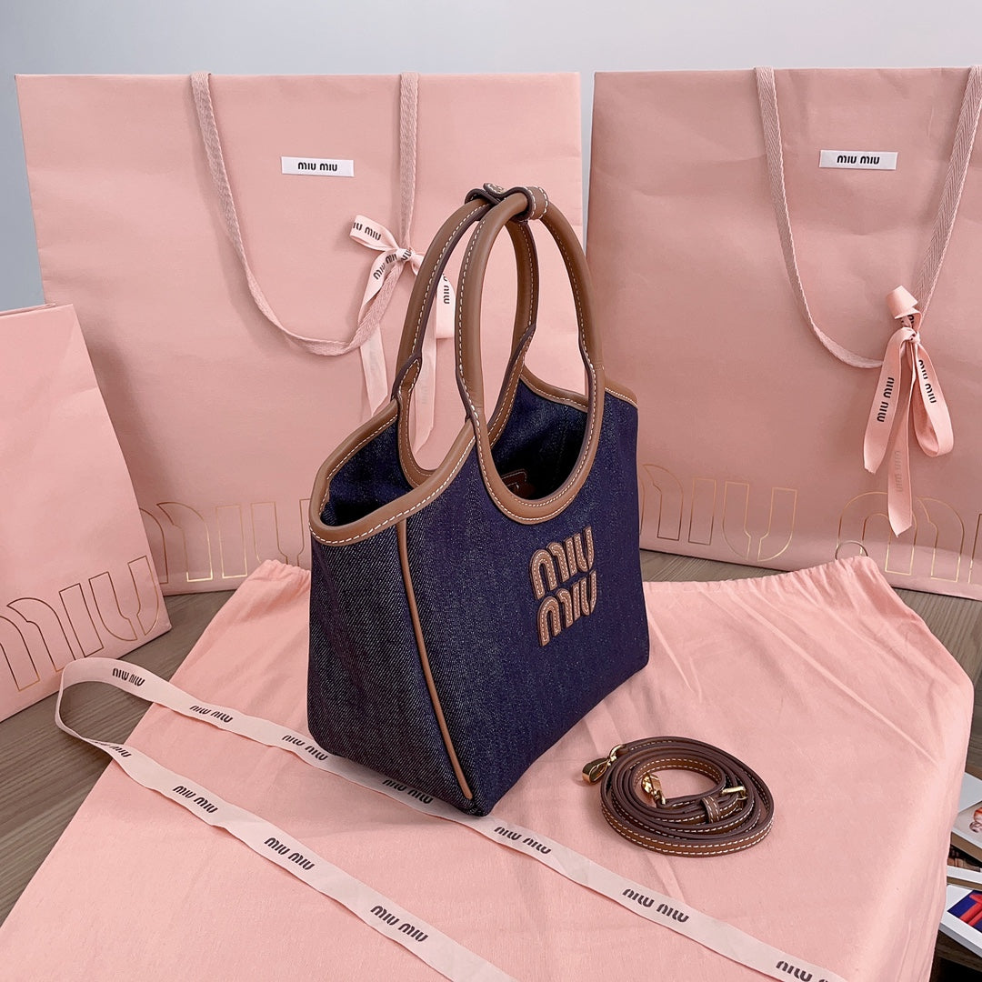 Small Tote Bag 22 in Navy Denim and Brown Leather Trim