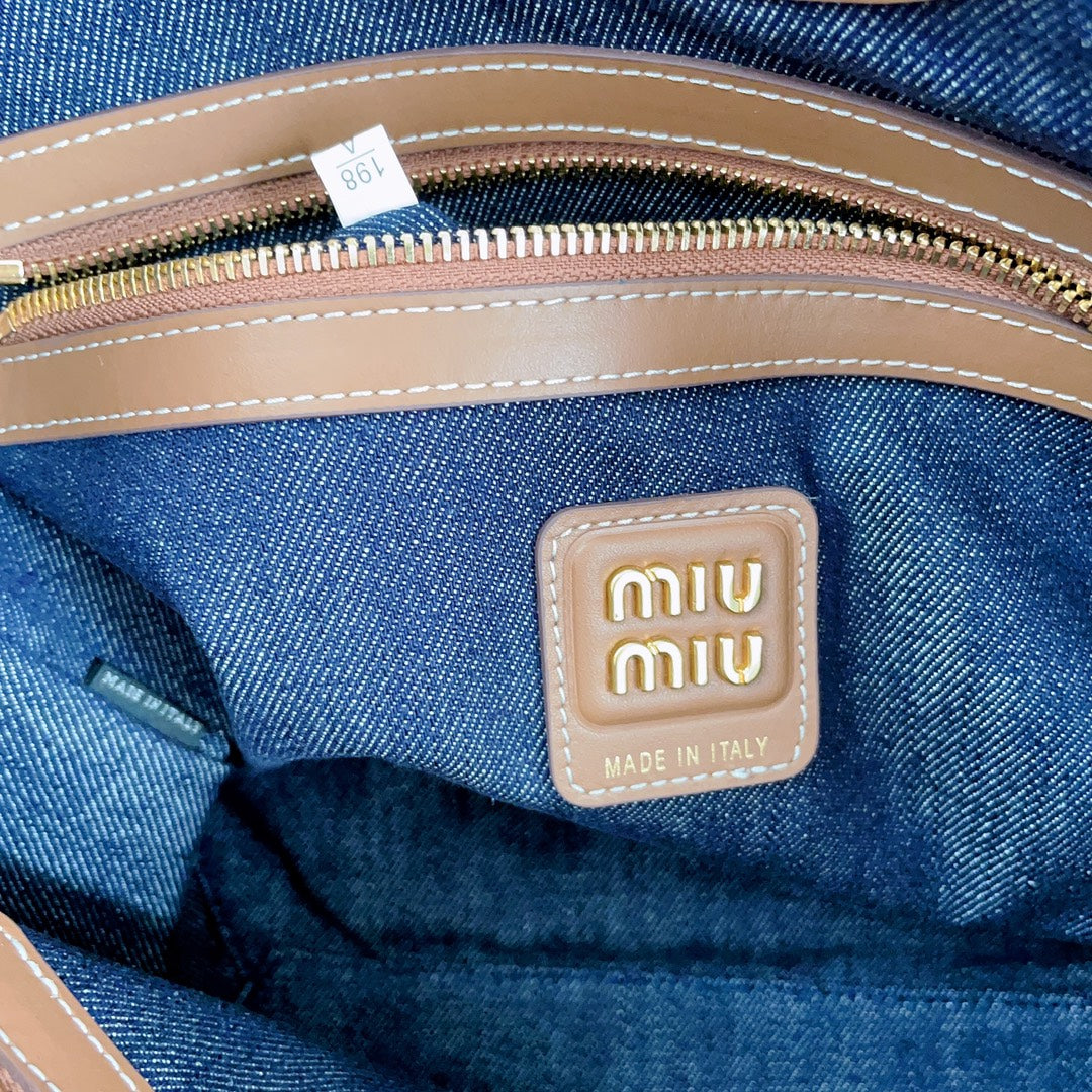 Small Tote Bag 22 in Navy Denim and Brown Leather Trim