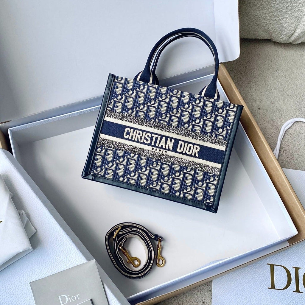 Dior Mini Book Tote 26 Blue Oblique Embroidery